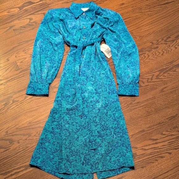 Shrader - VINTAGE 90s Paisley Printed Workwear Vibrant Teal and Purple Dress - Picture 1 of 8